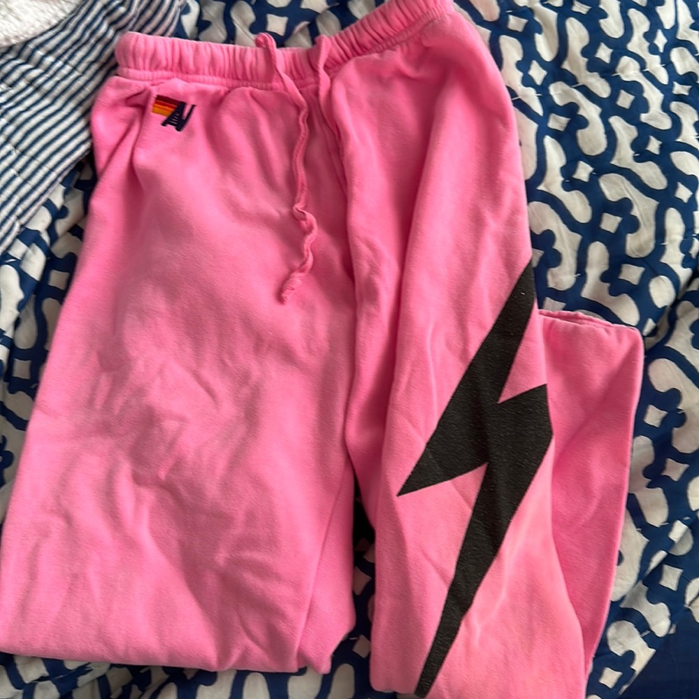 Aviator Nation, pink sweatpants with black bolt size extra small